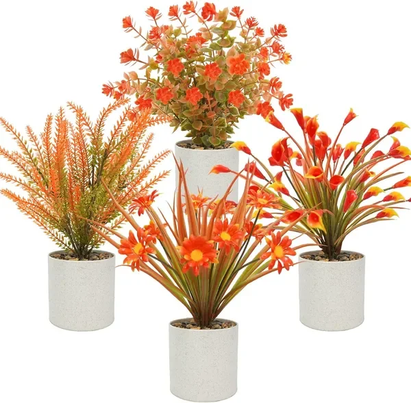

4 Pcs Small Potted Artificial Plants 10inch Fake Fall Plants in Pots Faux Fall Flowers with Pots for