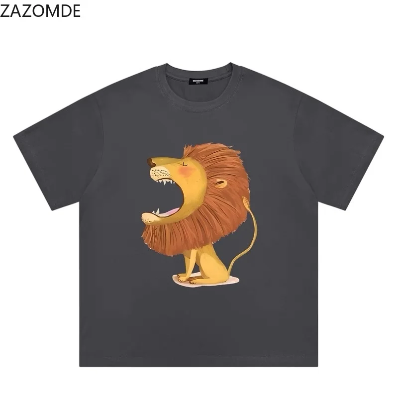 ZAZOMDE Funny Sleepy Yawning Lion Print T-Shirt Unisex Quirky Cartoon Graphic Cotton Short Sleeve Oversized Casual Personality T