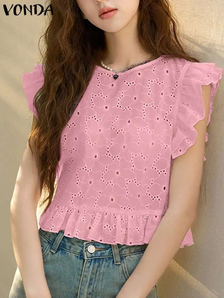 

VONDAFashion Shirts Women Lace Blouses 2024 Summer Short Sleeve Ruffled Tops O-Neck Casual Solid Color Loose Blusas Femininas