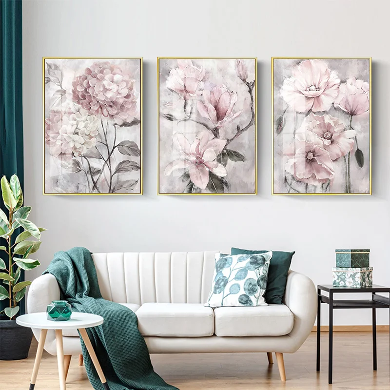 

3Pcs/Set Flower Wall Art Canvas Pink Flower Poster Printed Nordic Bathroom Living Room Bedroom Dining Room Home Decor Frameless