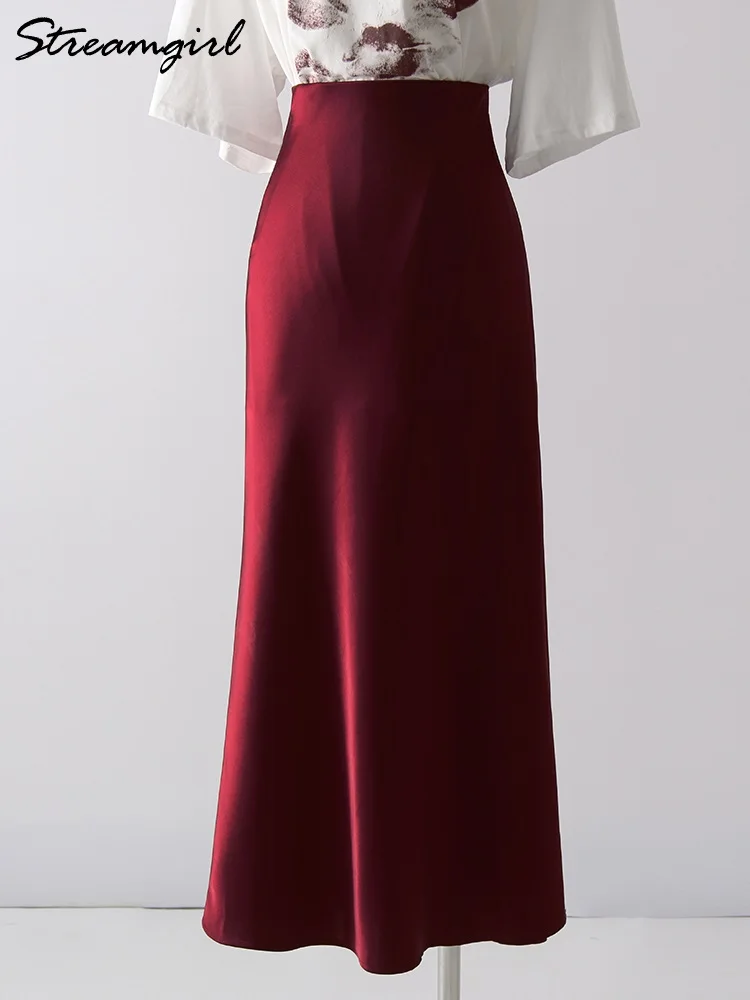 Black Slit Satin Silk Skirt Women Maxi Spring Summer 2025 Elegant A Line Slit Skirt Satin Ladies Office Long Skirts For Women