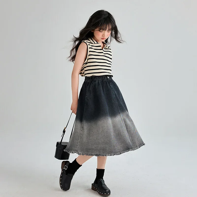 Caofeimao Tie Dye Denim Teen Girls Skirts Cotton Elastic Waist Casual Skirts 2025 New Summer Black and Gray Color