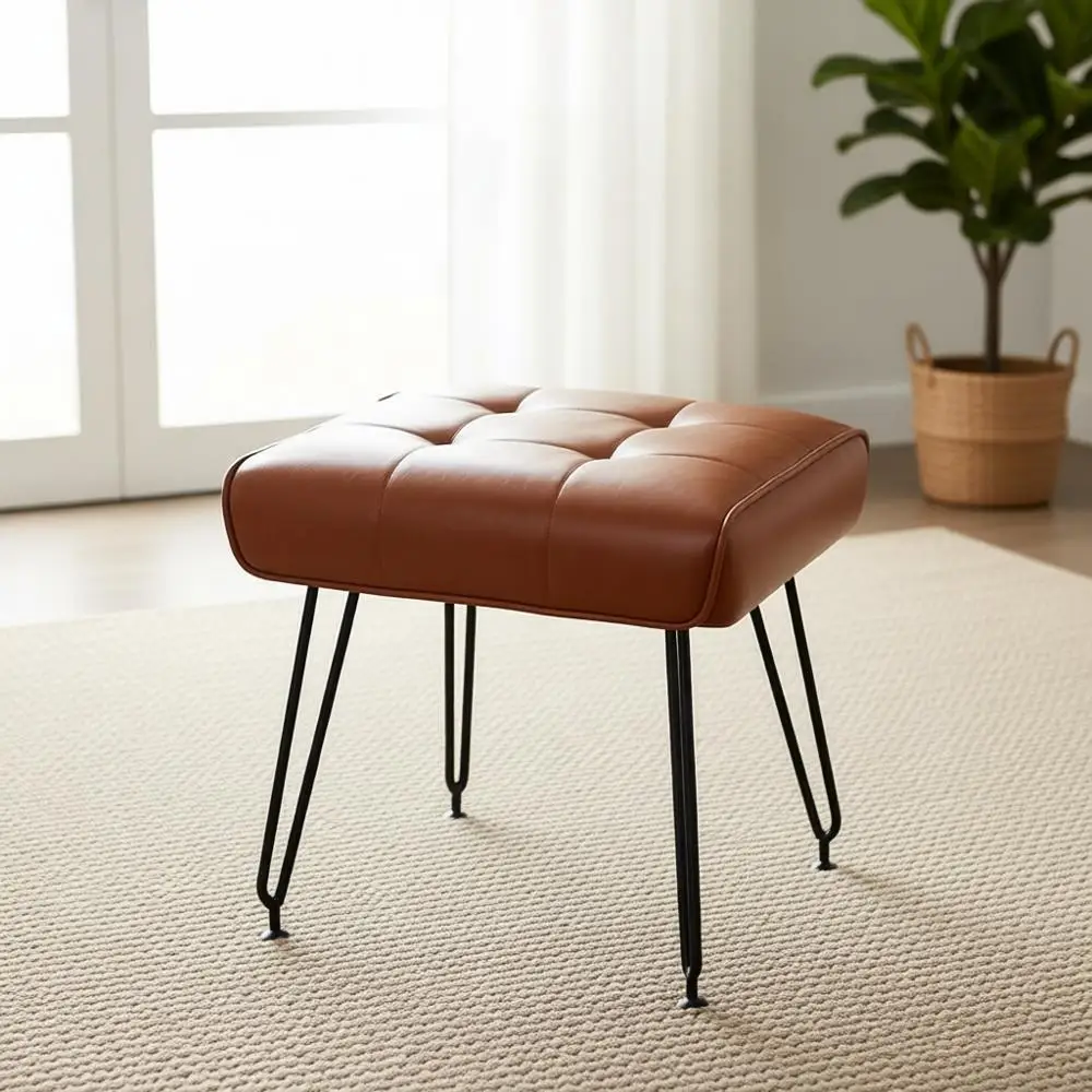 

Кожаный пуф для туалетного столика в цвете виски с металлическими ножками для макияжа и гостиной