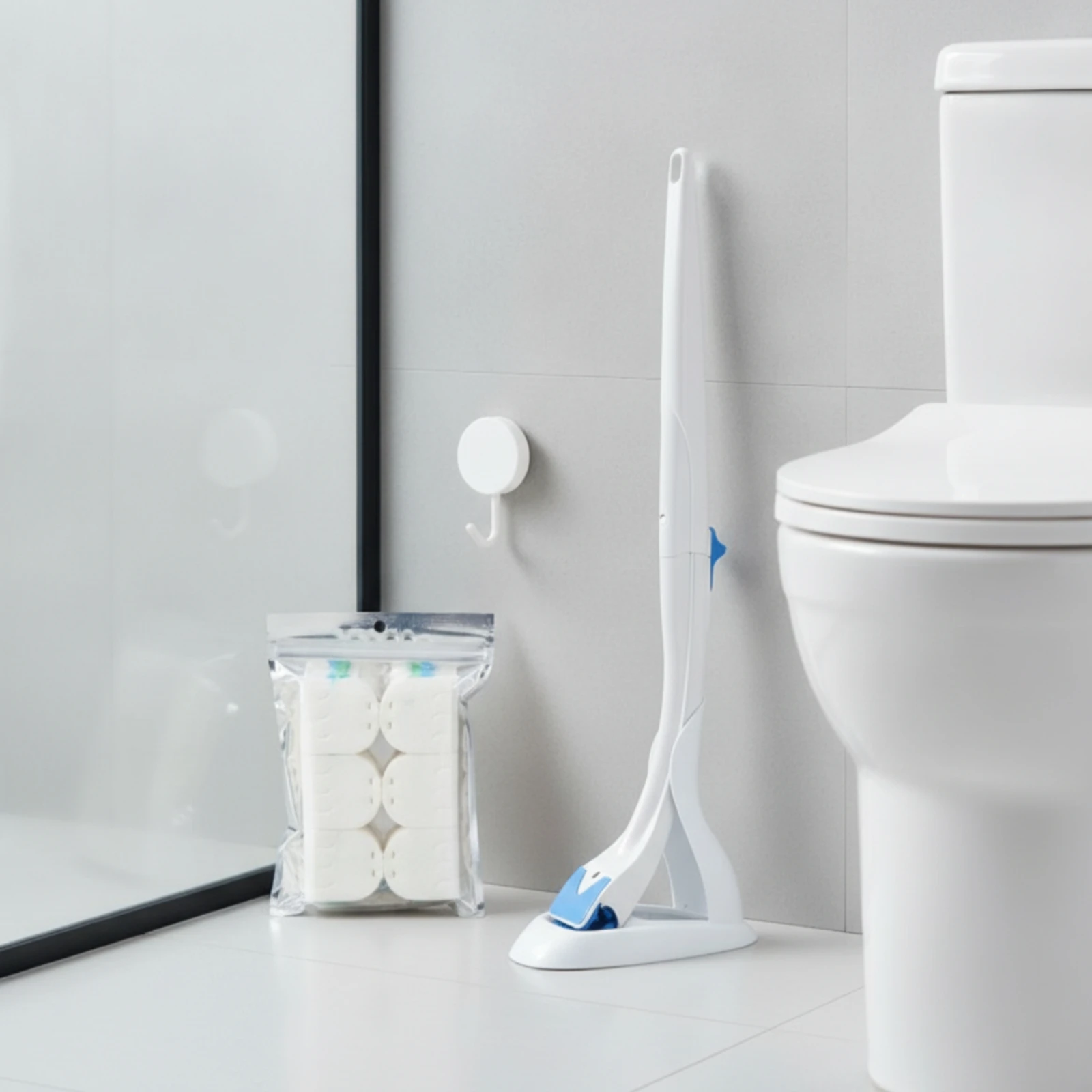 Image 6: Brosse de toilette jetable avec support, système de nettoyage de toilettes remplaçable avec têtes de rechange, nettoyant compact et peu encombrant