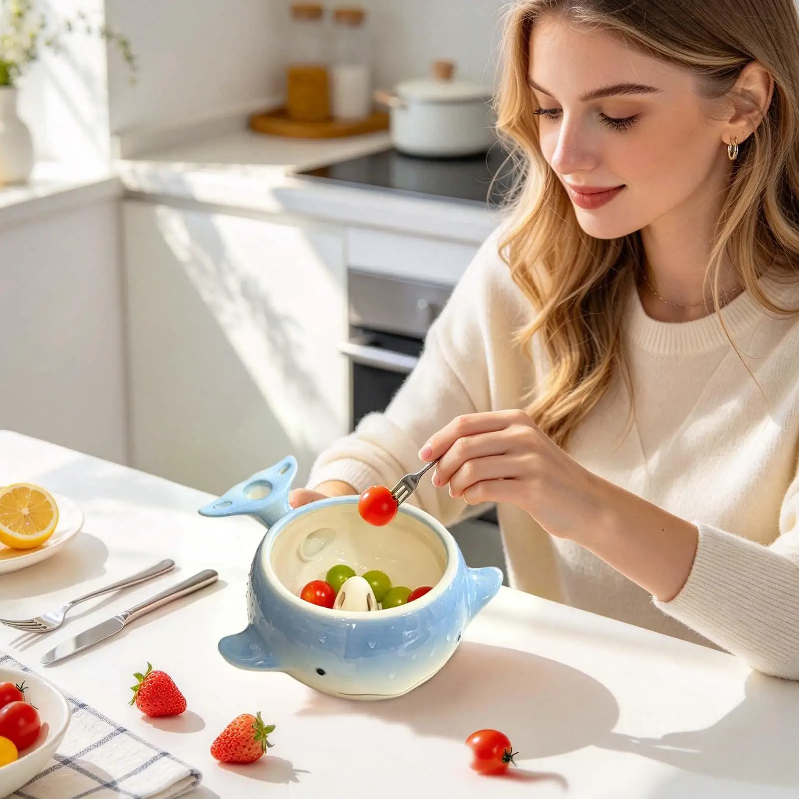 Fruit Washer Bowl Ceramic Whale Cleaning Spinner With Strainer Self Rotating Berry Washer Bowl For Salad Produce Grape Home