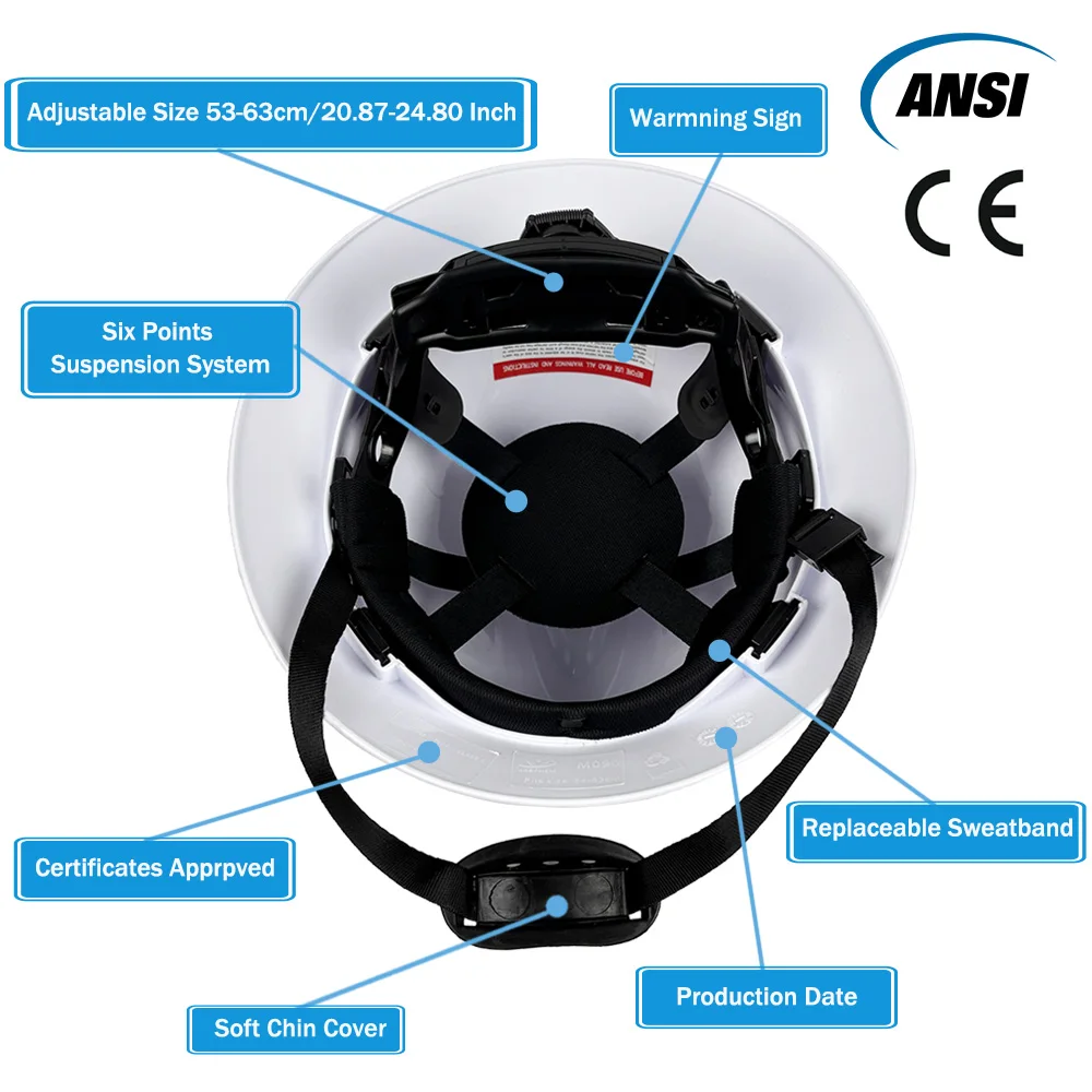 قبعة صلبة كاملة الحواف CE مع تعليق بسقاطة 6 نقاط مضادة للتصادمات خوذة أمان HDPE قبعة عمل أرضية للمهندس ANSI