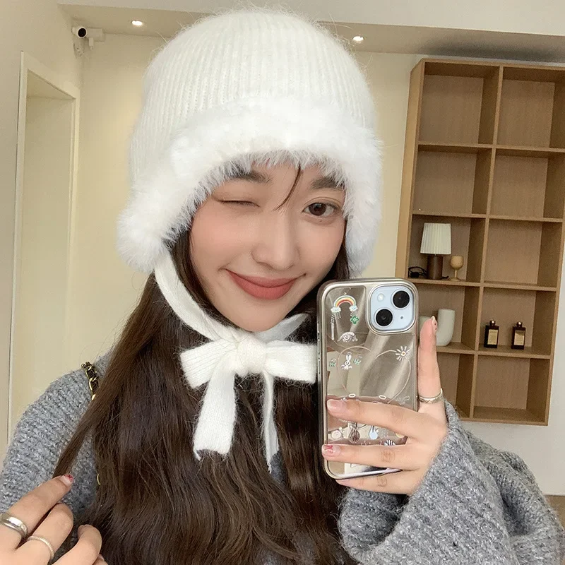 Korean Simple Solid Color Splicing Plush Knitted Pullover Hats for Women Winter Travel Warm Versatile Fashion Strap Beanies Cap