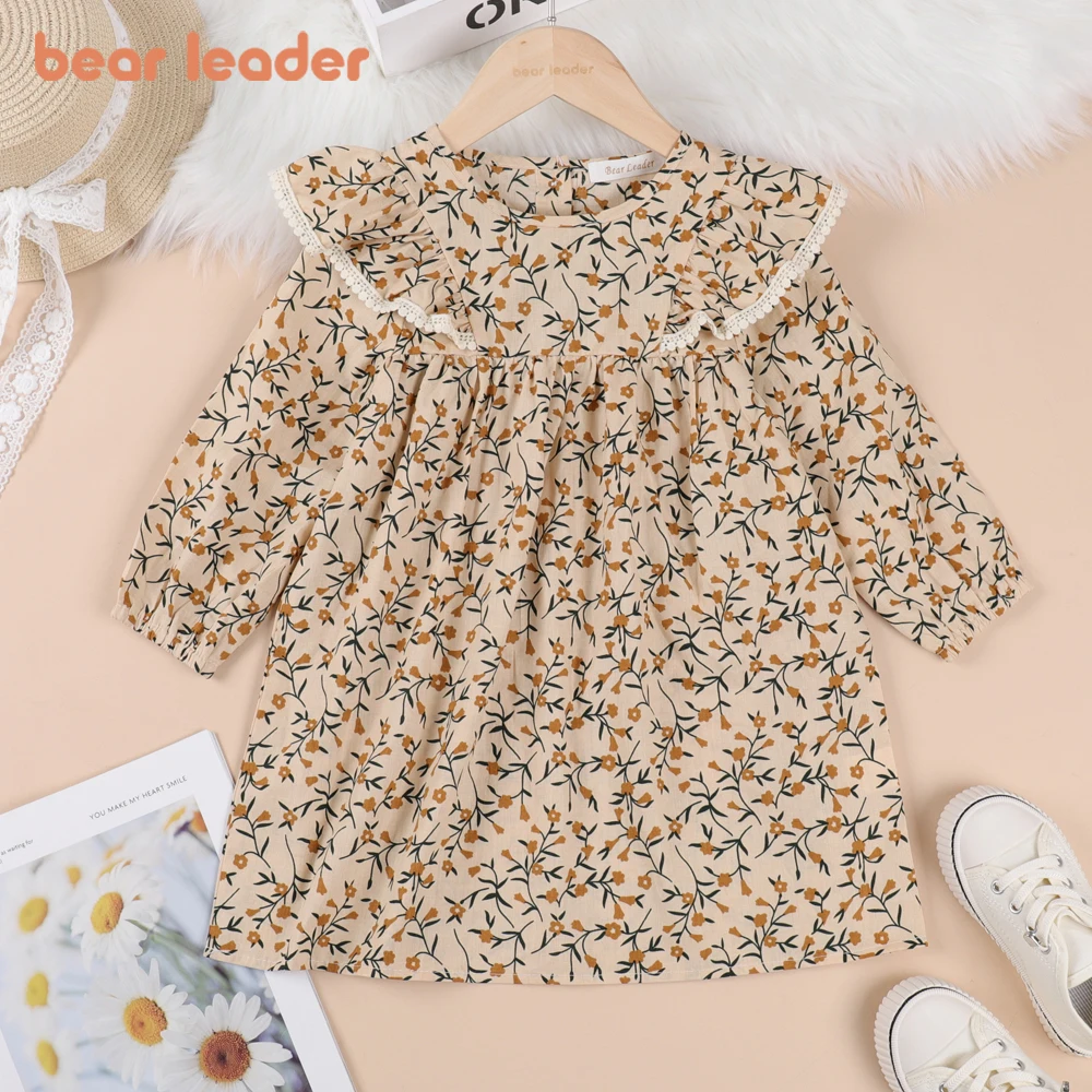 Bear Leader Autumn Baby Girl Clothes Spring New Girls Floral Long Sleeve Princess Dress Cotton Linen Fashion Doll Dress Vestidos