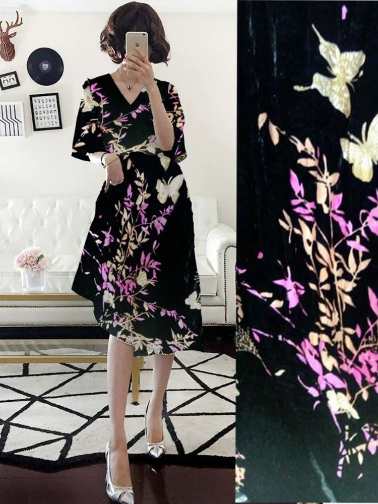 Crazy Discount High Grade Luxury Black Butterfly Flowers Flocking Fabric Silk Velvet Fabric For Dress/Suit Tissus Metre Telas