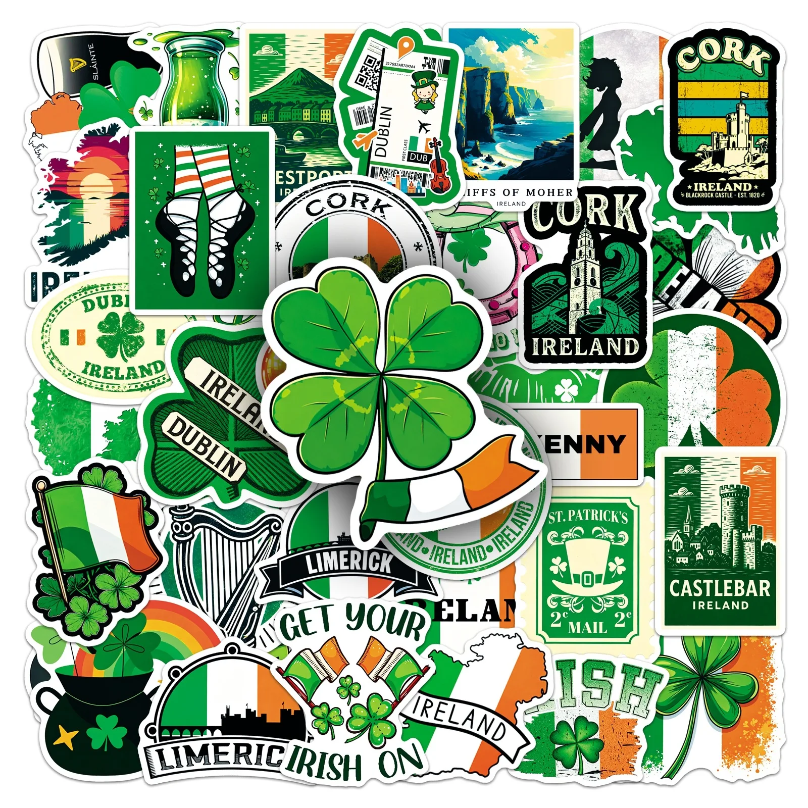 50 PCS Ireland Clover Theme National City Landmark Architecture Art Stickers Decorate Luggage Laptop Removable Decals