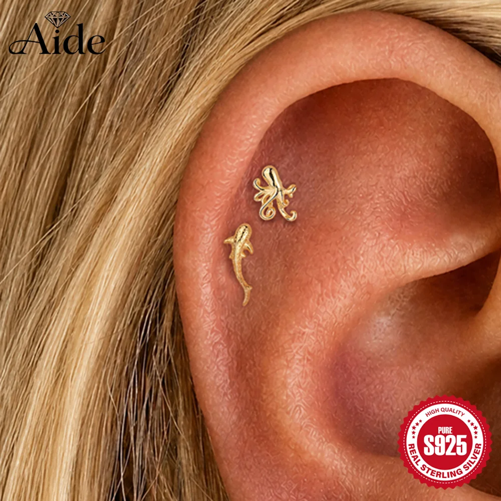 AIDE 1pc 925 Sterling Silver Ocean Series Shark/Octopus/Dolphin Women's 16G Cartilage Helix Flat Back Piercing Earrings INS Gift