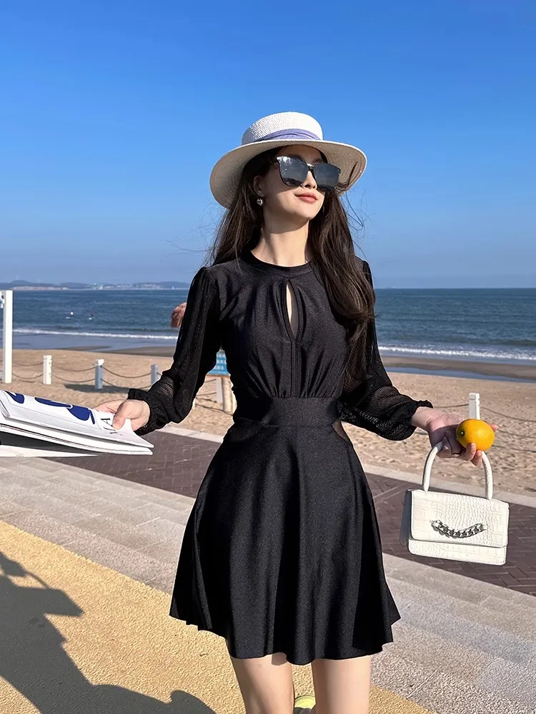 

Элегантный женский слитный купальник с длинными рукавами, термокостюм для бассейна, большие размеры, с эффектом утяжки и юбкой