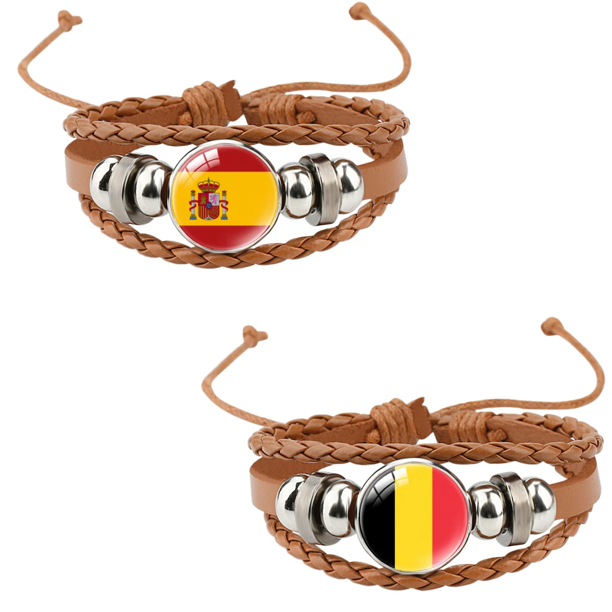 European powerhouse showdown! Spain vs Belgium Flag Pattern Adjustable Leather Bracelet Football Fan Support Bracelet