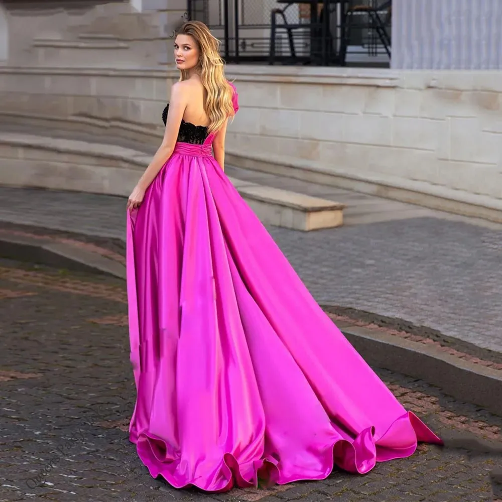 Prom Dresses One Shoulder Fuchsia A Line Evening Gown Side Split Black Breast Formal Dress for Special Occasion Gown 2023