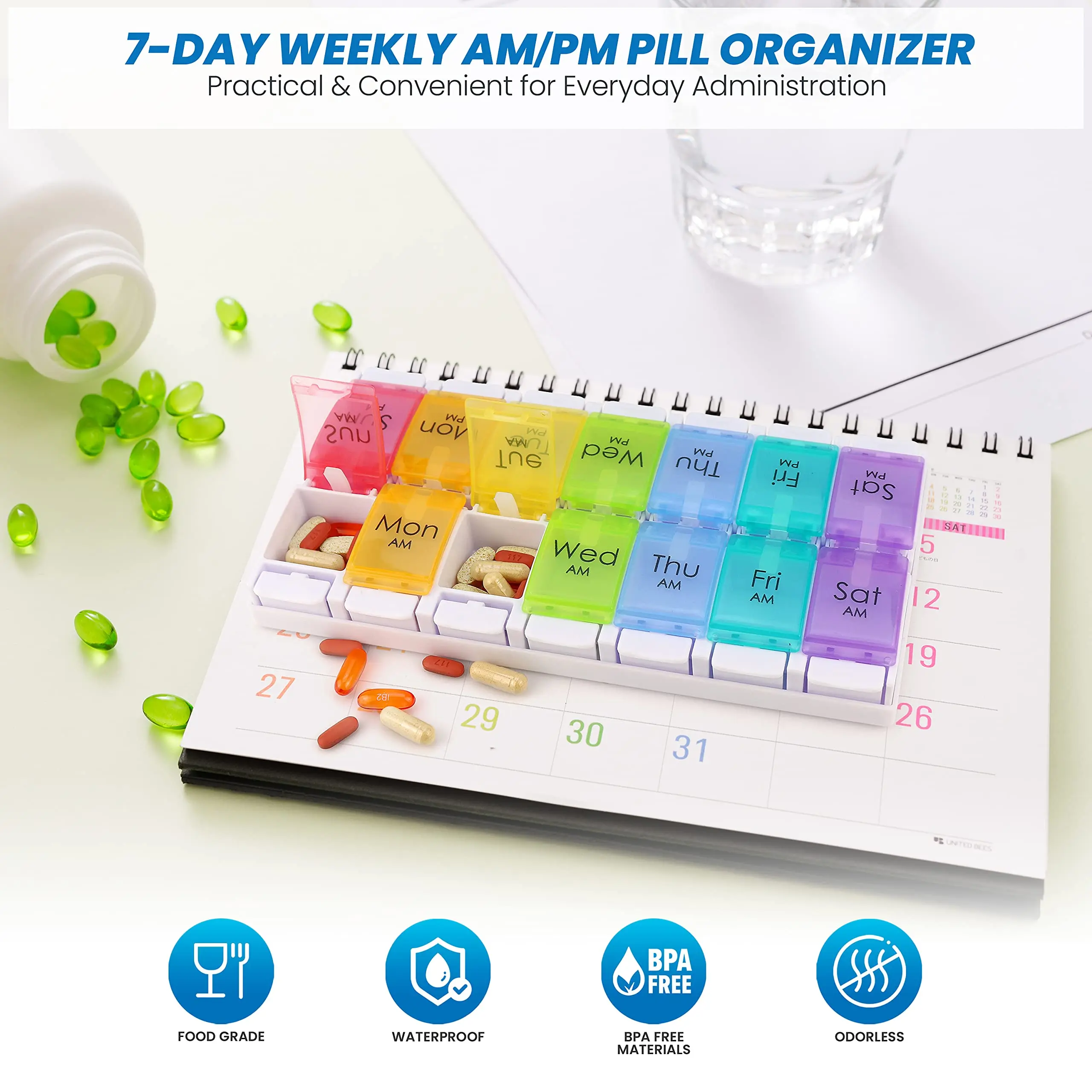 Large Pill Organizer AM PM Pill Box 7 Day 2 Week Medicine Dispensers Easy Push Button Medication Vitamins Fish Oils Supplements
