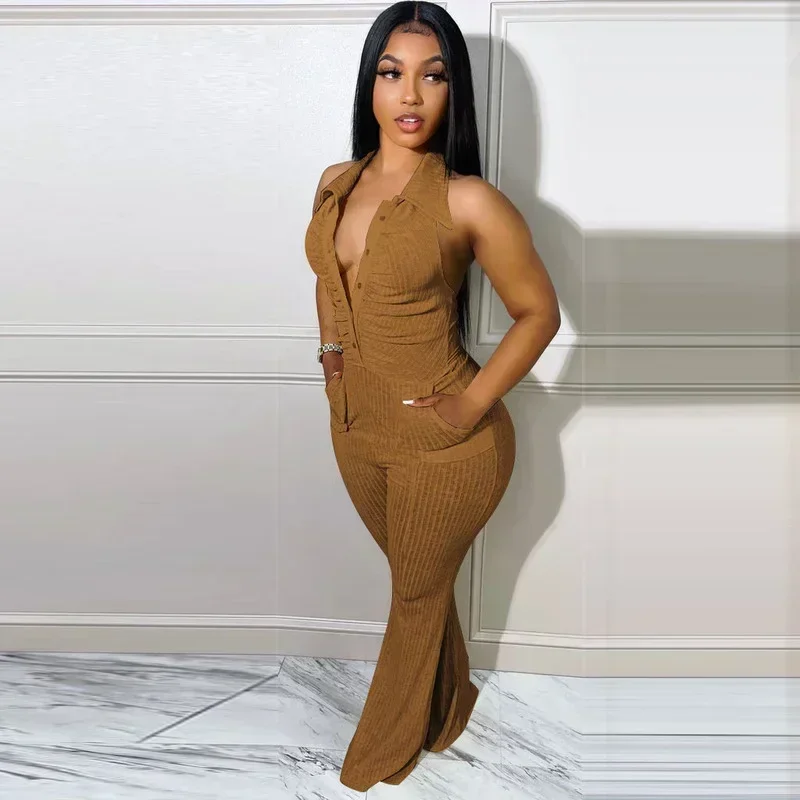 GUWU Turn Down Collar Halter Sexy Jumpsuit Pocket Knitted Ribbed Backless Skinny Bodycon Rompers Clubwear Overalls