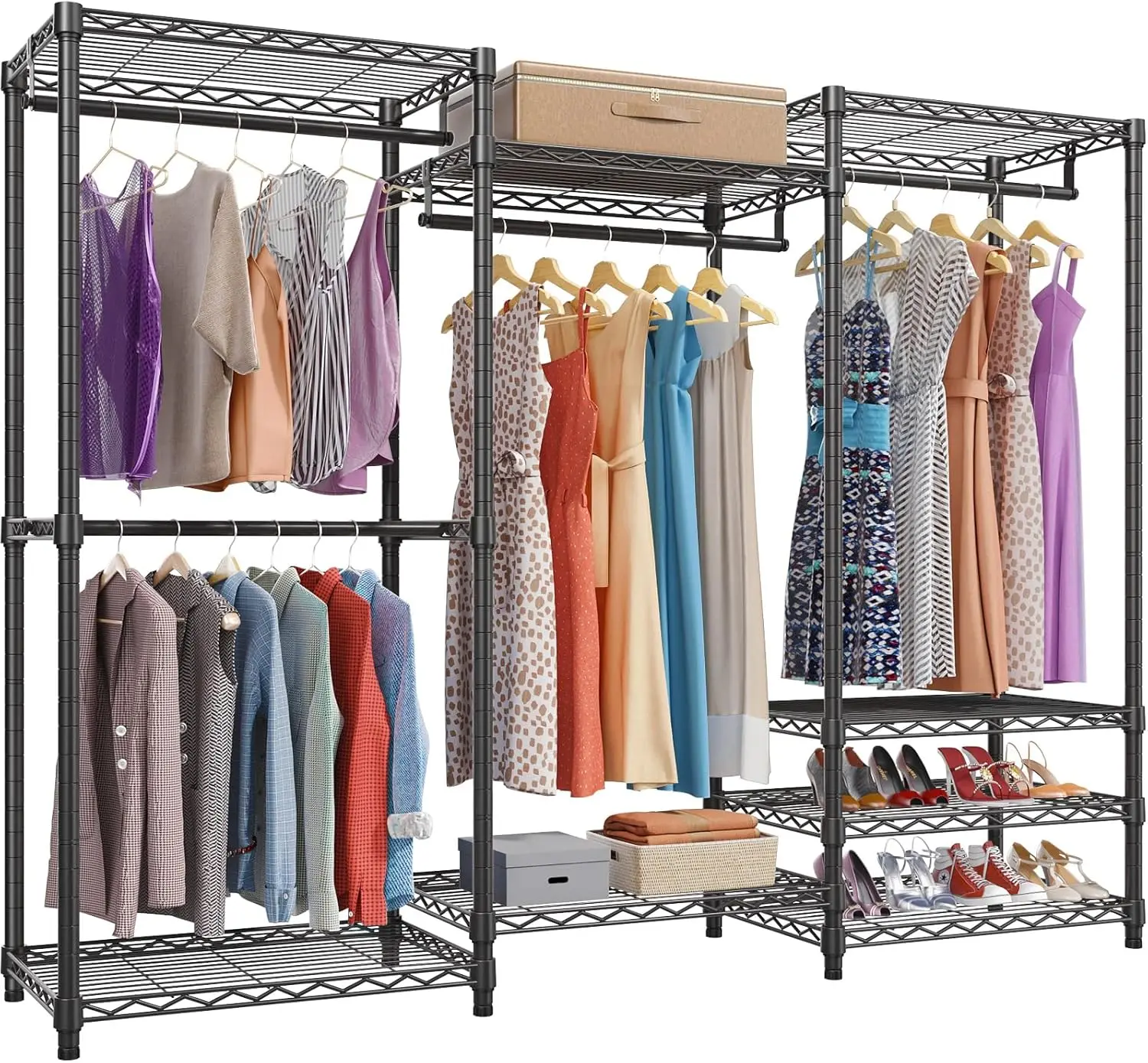 Portable Closet Wardrobe Heavy Duty Clothes Rack, Freestanding Clothing Rack with 4 Hang Rods & 8 Shelves, Adjustable