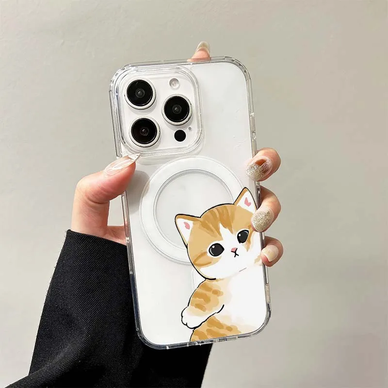 Cartoon Niedliche Katze Mofusand Kabelloses Laden Transparente Hülle für iPhone 17 Air 16 15 14 13 12 11 Pro Max Acryl Hartschale