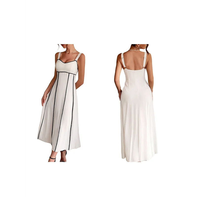 ABRT-Vestido maxi listrado feminino com alça espaguete e corte longo e fluido