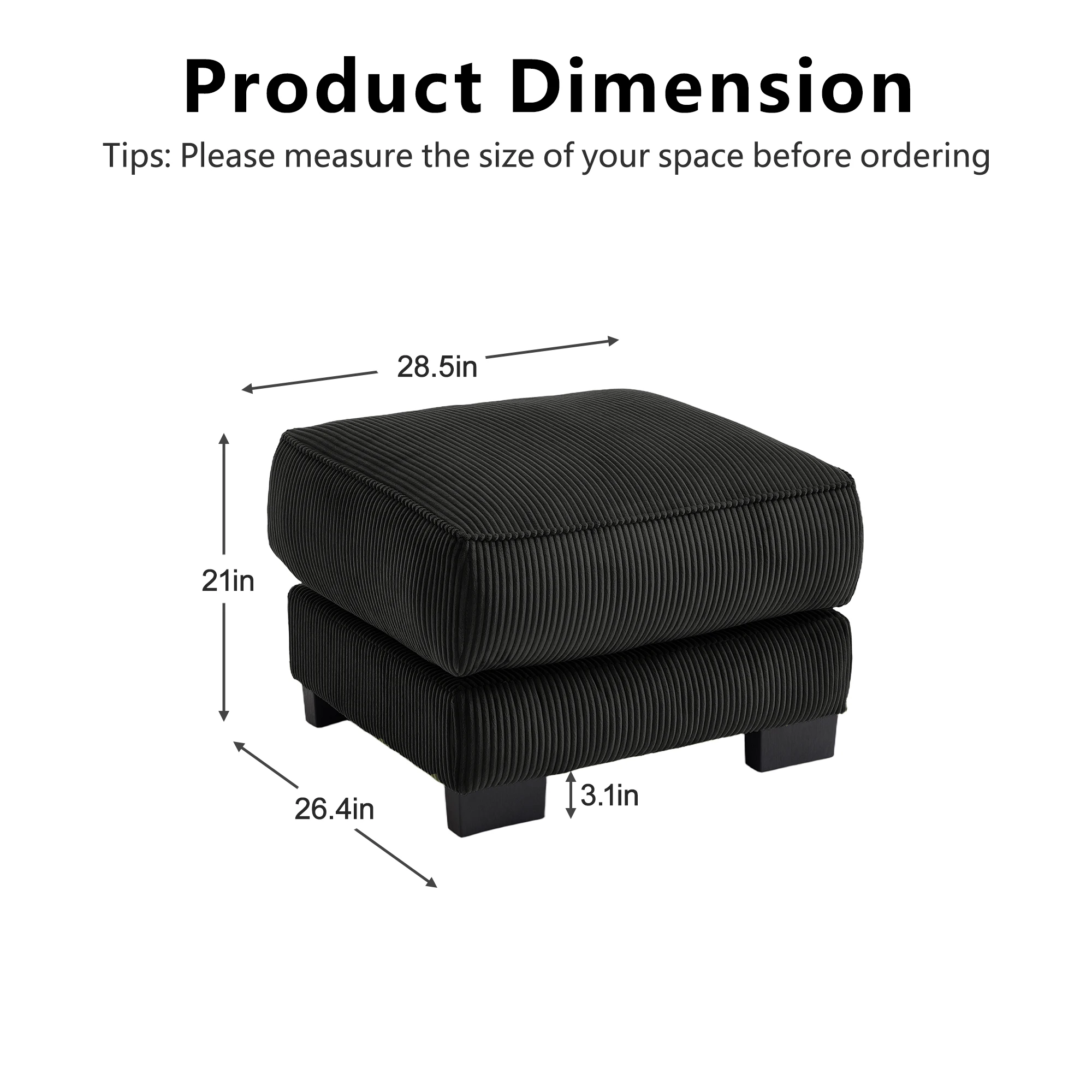 Modular Sectional Sofa With Corduroy Upholstery, Convertible Couch With Deep Seat And Memory Foam, Black