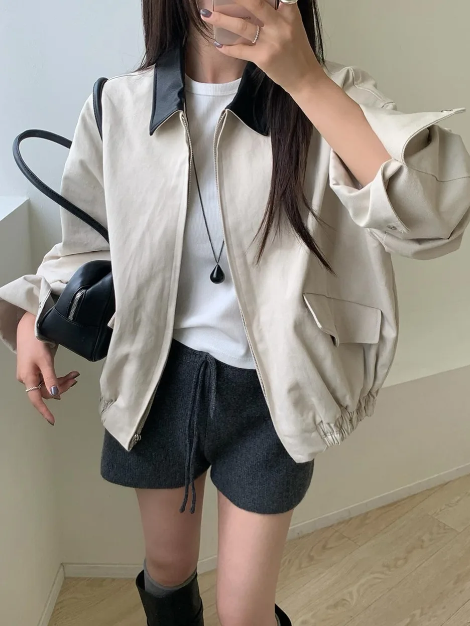 أنيقة الخريف جديد بولي Leather الجلود التباين اللون طوق فضفاض عادية طويلة Sve Jaet ort ملابس خارجية المرأة Faion تخفيف