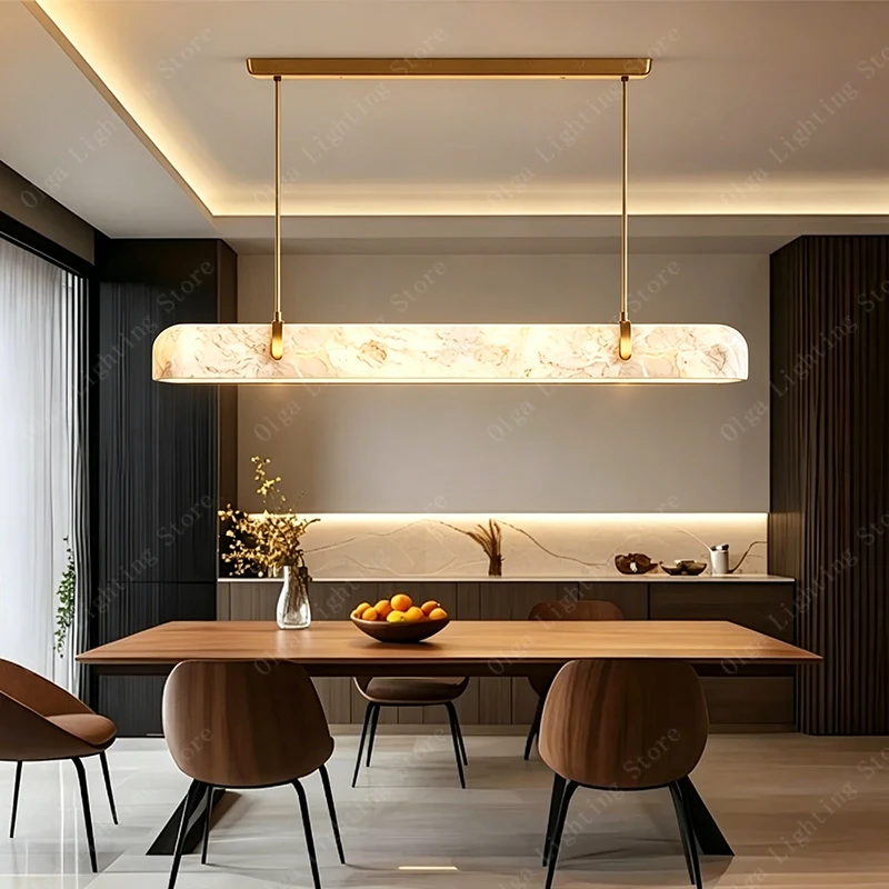 Spanish Natural Marble Long Chandelier LED Alabaster Hanglamp for Dining Room Foyer Kitchen Island Light Fixture Gold