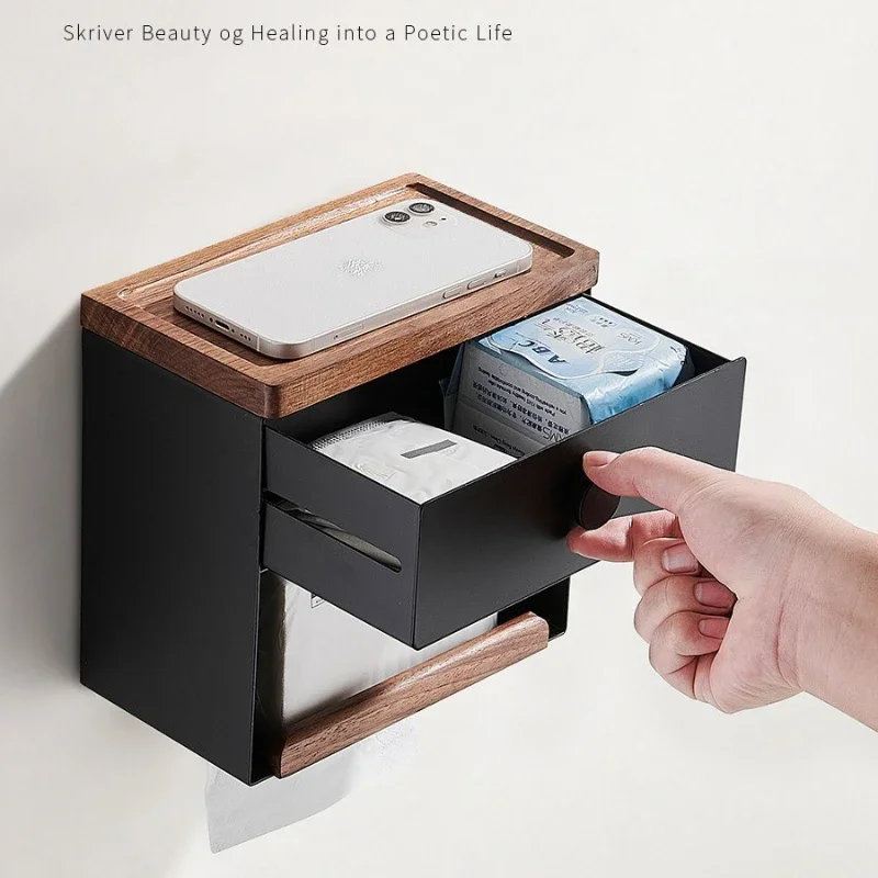 

Kitchen and Bath Roll Paper Box Multi-purpose Shelf Household Tissue Box Solid Wood Pumping Walnut Paper Box