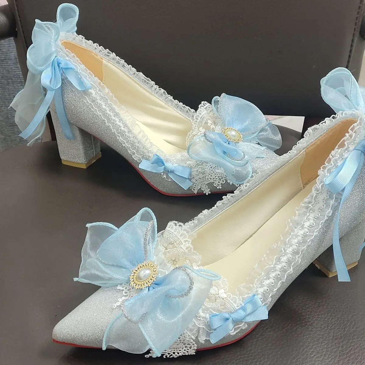 Lolita Hand-Made High Heels Pointed Stiletto Heel Blue Flower Wedding Shoes plus Size