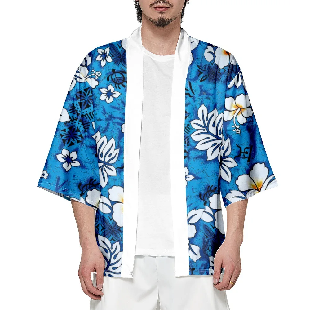 Cárdigan de moda japonesa para hombres y mujeres, blusa Haori Obi, ropa asiática Harajuku, Kimono con estampado Floral azul, ropa de calle samurái