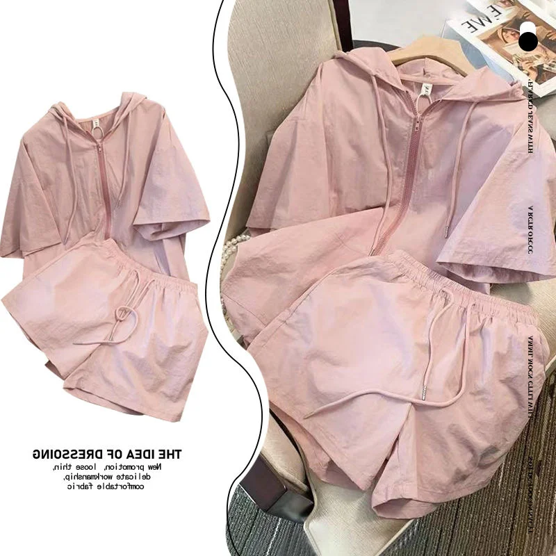 

Женский летний повседневный комплект больших размеров: свободный крой, короткий рукав, защита от солнца, шорты с высокой талией, модный комплект из двух предметов