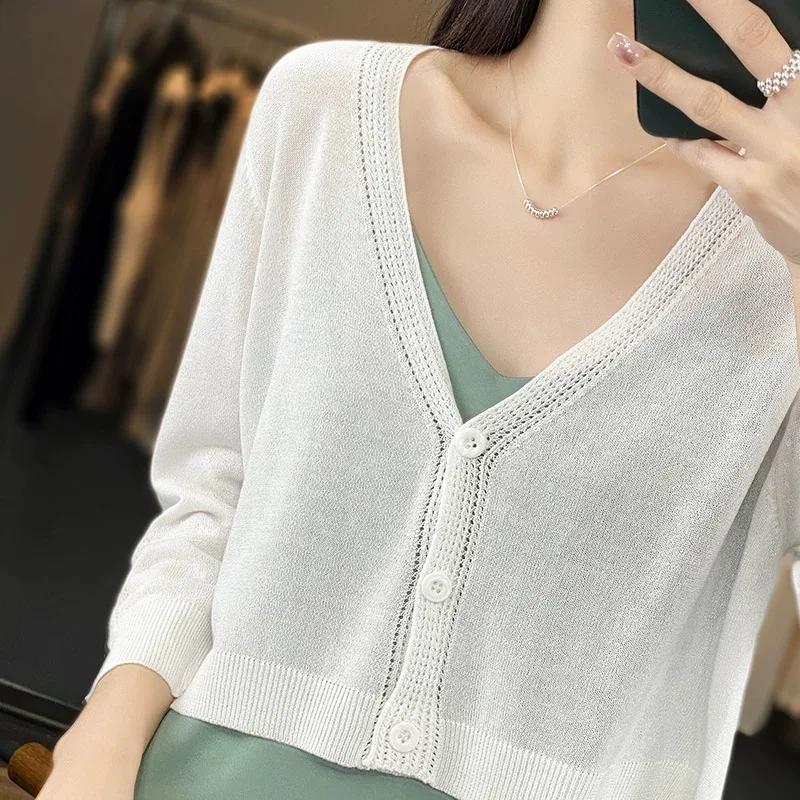 

Льняной ор ледяной шелк, вязаный кардиган с кондиционером, женская летняя тонкая верхняя одежда, жилет, топ с v-образным вырезом на пуговицах, свободный кардиган
