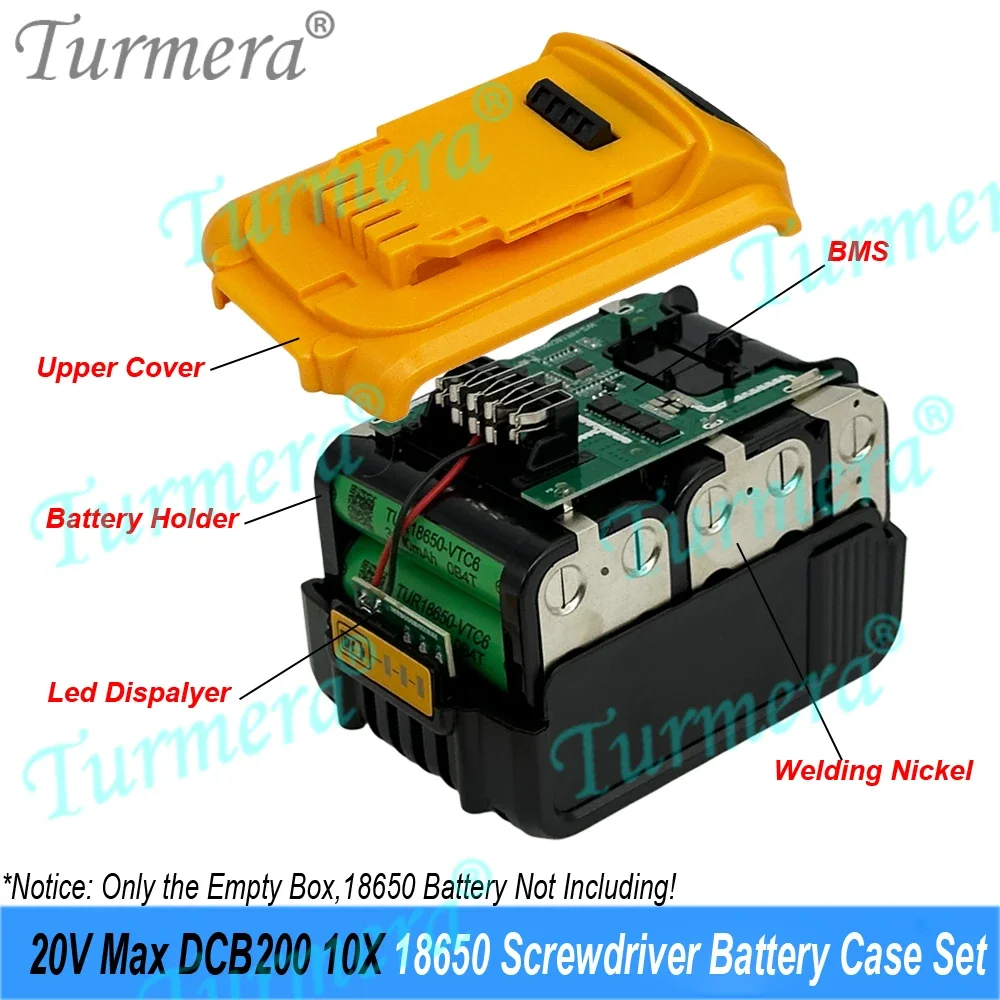 

18V 21V Power Drill Battery Replacement for Turmera DCB200 DCB183 10x 18650 Battery Case with BMS & Nickel Weld for Screwdrivers