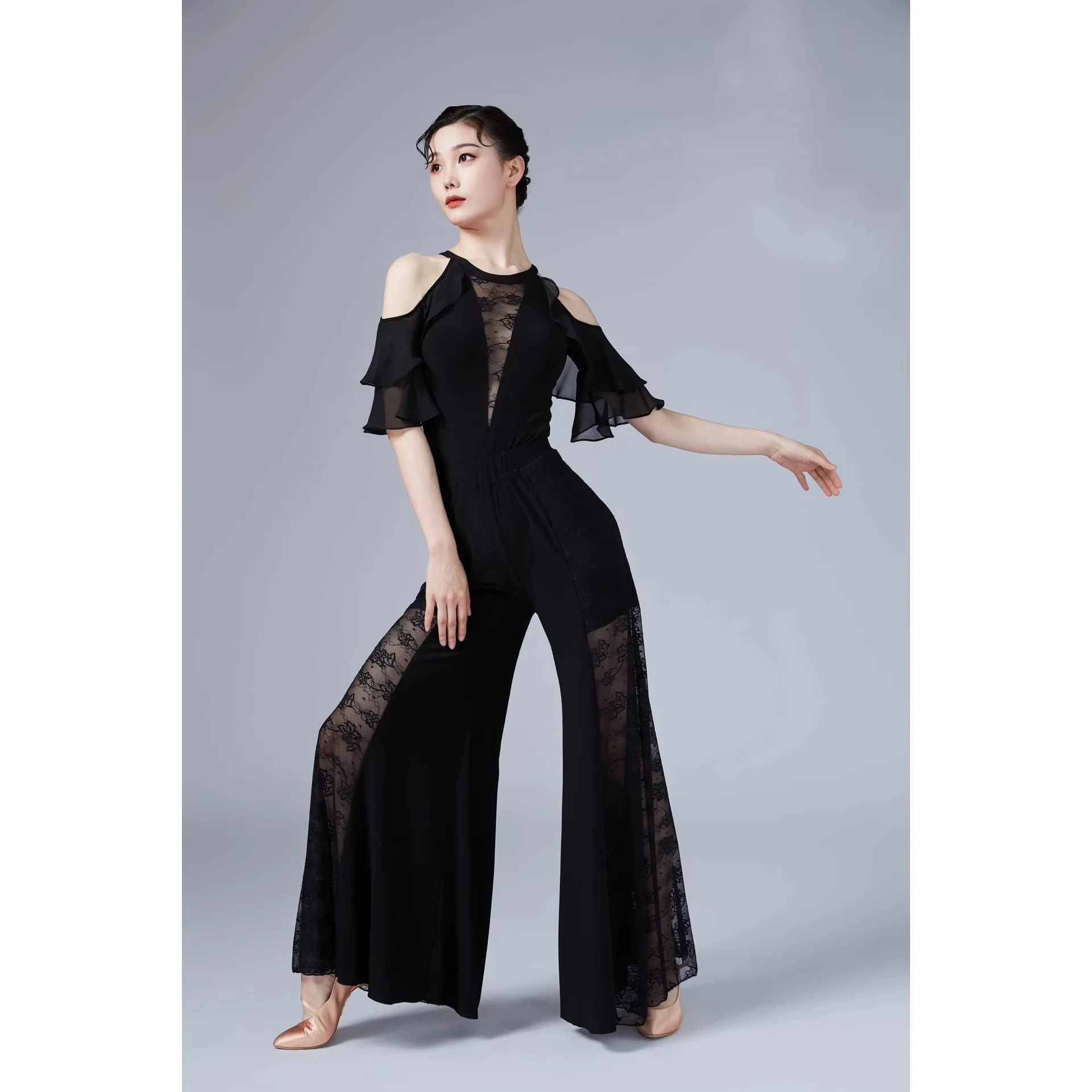 Women Modern Dance Pants Lace Mesh High Waist Trousers National Standard Dance Costumes Ballroom Dance Practice Pants DN21967