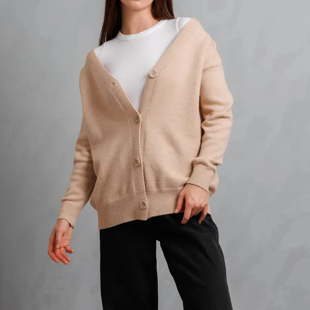 الصلبة اللون محبوك سترة مفتوحة المرأة فضفاضة عارضة سترة برقبة على شكل حرف V الخريف الشتاء نمط جديد