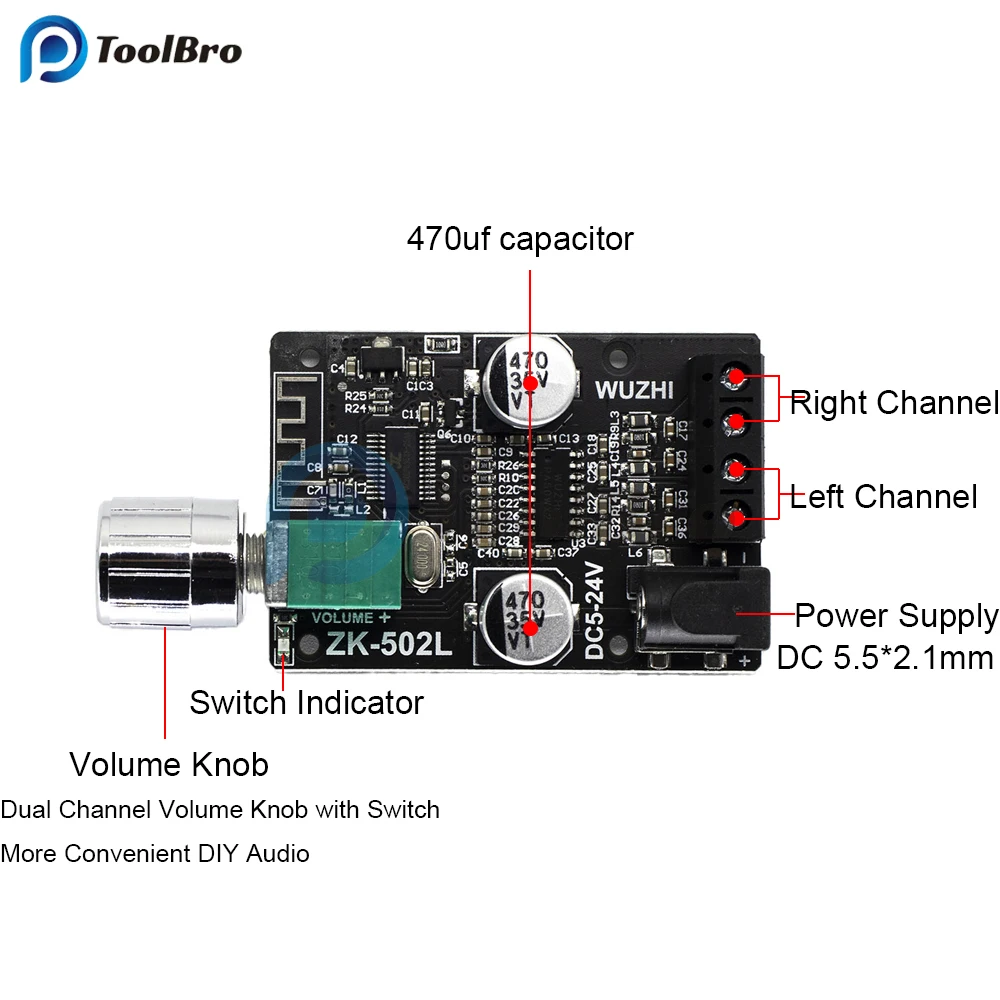 ZK-502L 50W+50W Mini Bluetooth 5.0 Stereo Digital Power Amplifier Board DC 5-24V Audio Amp for Home Car Speaker Subwoofer