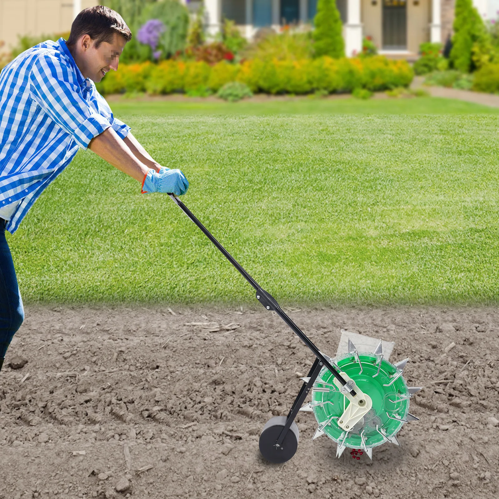 

Garden Seeder Adjustable Sowing Quantity and Depth Garden Push Seeder Hand-push Seeder with 12 Nozzles