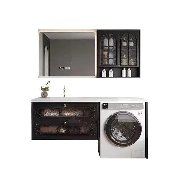 French oak balcony, washing machine, integrated bathroom cabinet, combined bathroom, rock slab washstand, hand basin.