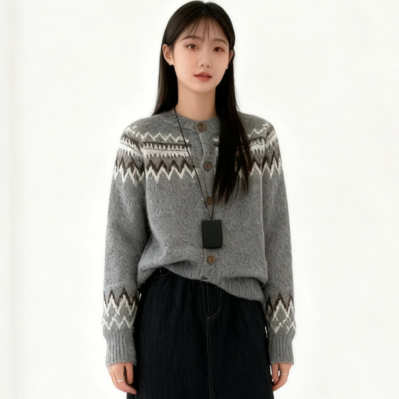 

NEW Chic Autumn Winter Women's Long Sleeve Crew Neck Fair Isle Knitted Sweet Cardigan, Vintage Casual Korean Style Outerwear