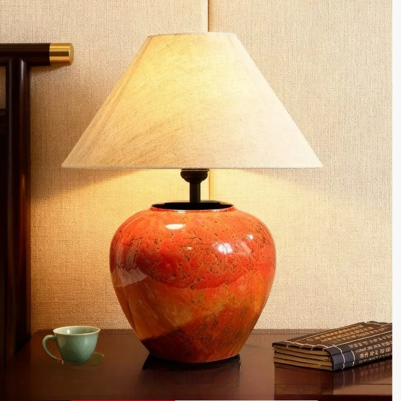 

New Chinese Wabi Sabi Style Ceramic Jar Table Lamp Living Room Bedroom Bedhead Tea Room Homestay Dining Decorative Desk Lights
