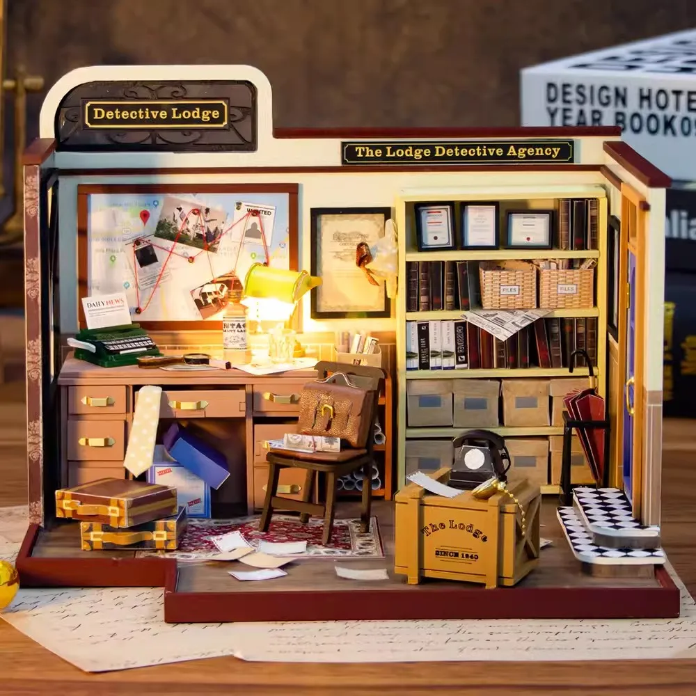 NEW DIY Wooden Doll Houses Detective Agency of Lodge Casa Miniature Model Kit Dollhouse With Furniture Roombox for Girls Gifts