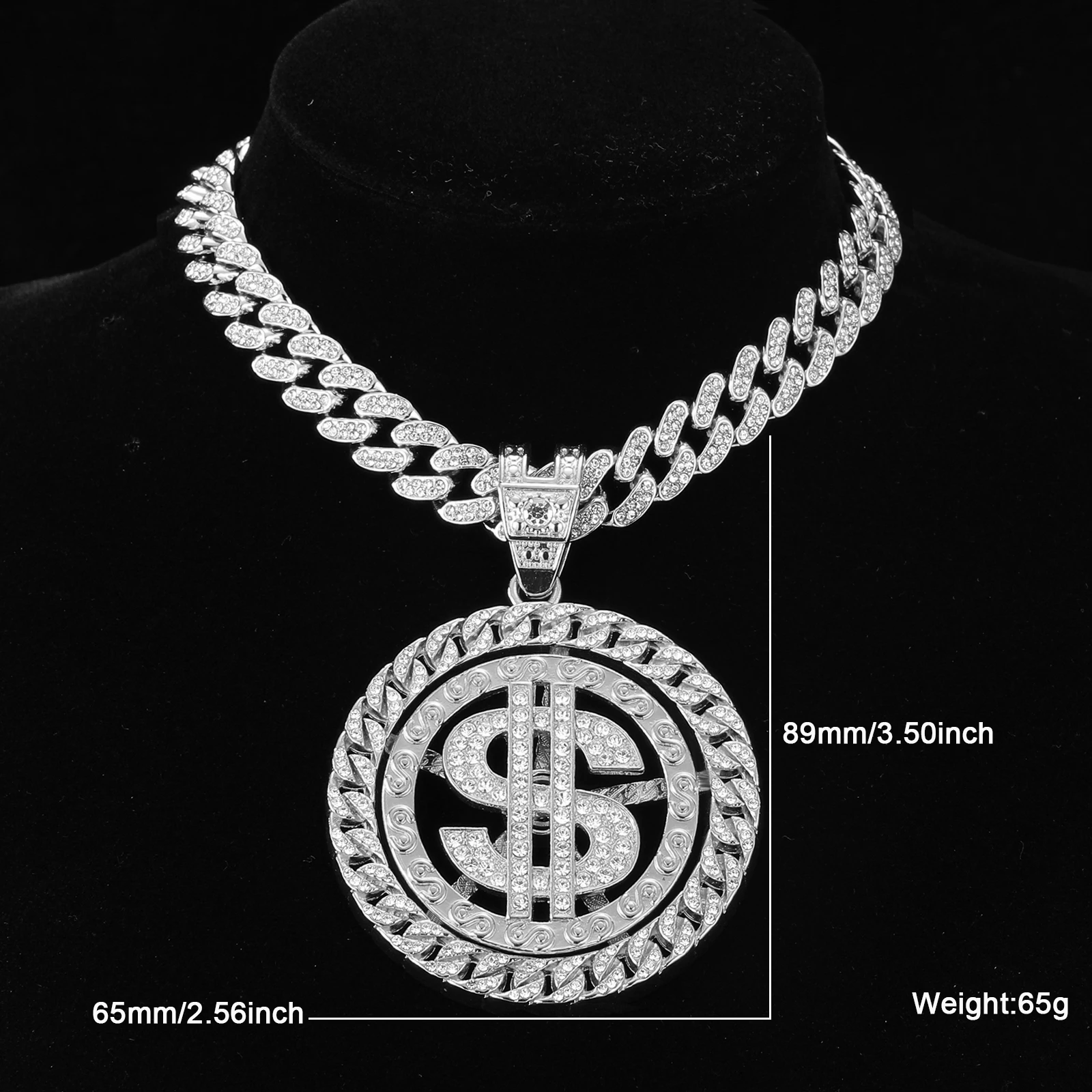 HIP HOP Rotatable Dollar Iced Out 13mm Miami Cuban Link Chain Pendant Necklaces Tennis Chain For Men\'s Women Rapper Jewelry