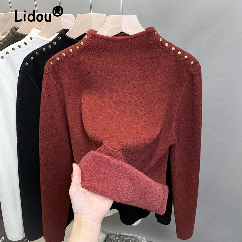 Winter Women Stylish Vintage Rivet Velvet Thick Warm Basic Knitted Sweater Solid Half High Collar Long Sleeve Slim Pullover Tops