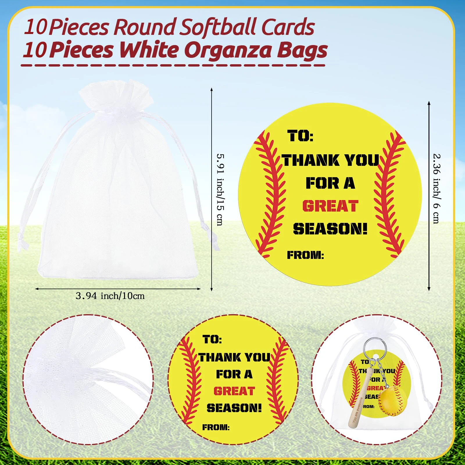 30pcs Sports Party Favors 10 Sports Keychain End of Season Team Gifts 10 Thank You Cards 10 Organza Bags Sports Party Supplies