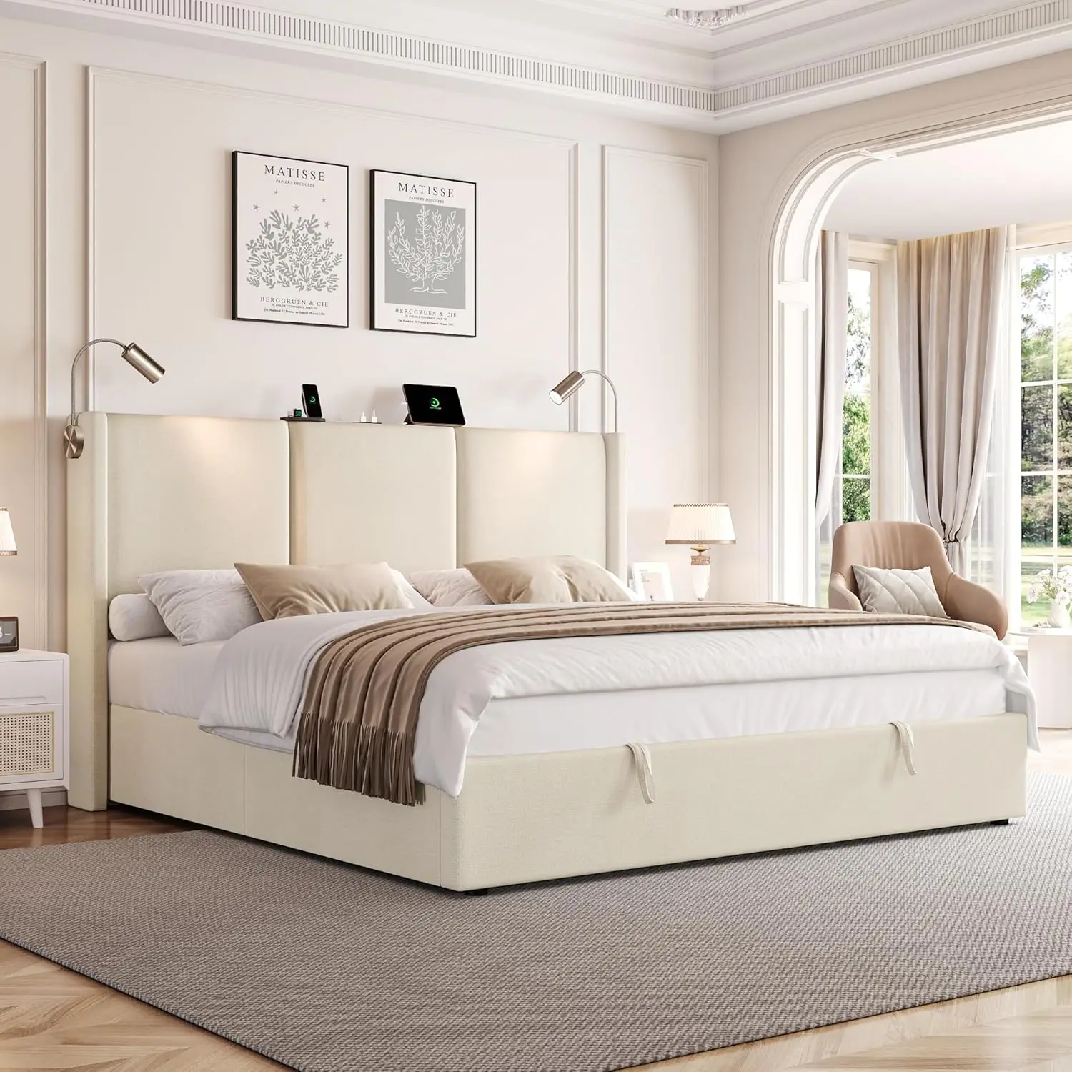 إطار سرير للتخزين مع محطة شحن، سرير بمنصة منجدة حديثة مع ضوء قراءة ولوح رأسي قابل للتعديل