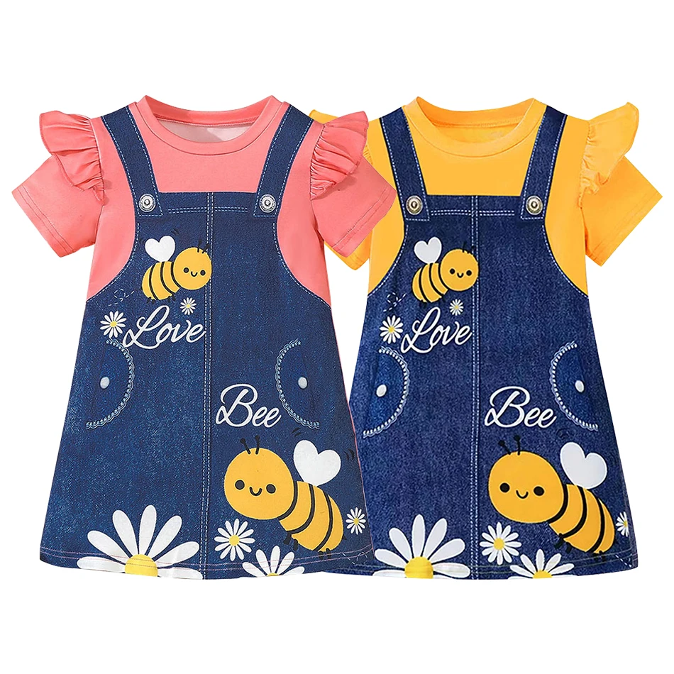 Elegant and Playful Girls Honeybee Pattren Embroidered Straps Casual Dresses Round Neck Flared Sleeves Leisure Wear and Playtime