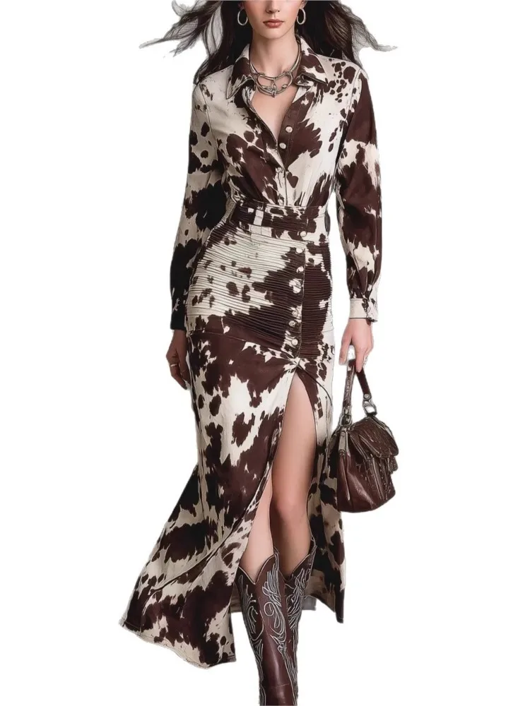 Sukienki damskie w stylu retro na wiosnę i jesień, z nadrukiem, seksowne sukienki koszulowe z klapami, zapinane na guziki, codzienne sukienki boho z długim rękawem.