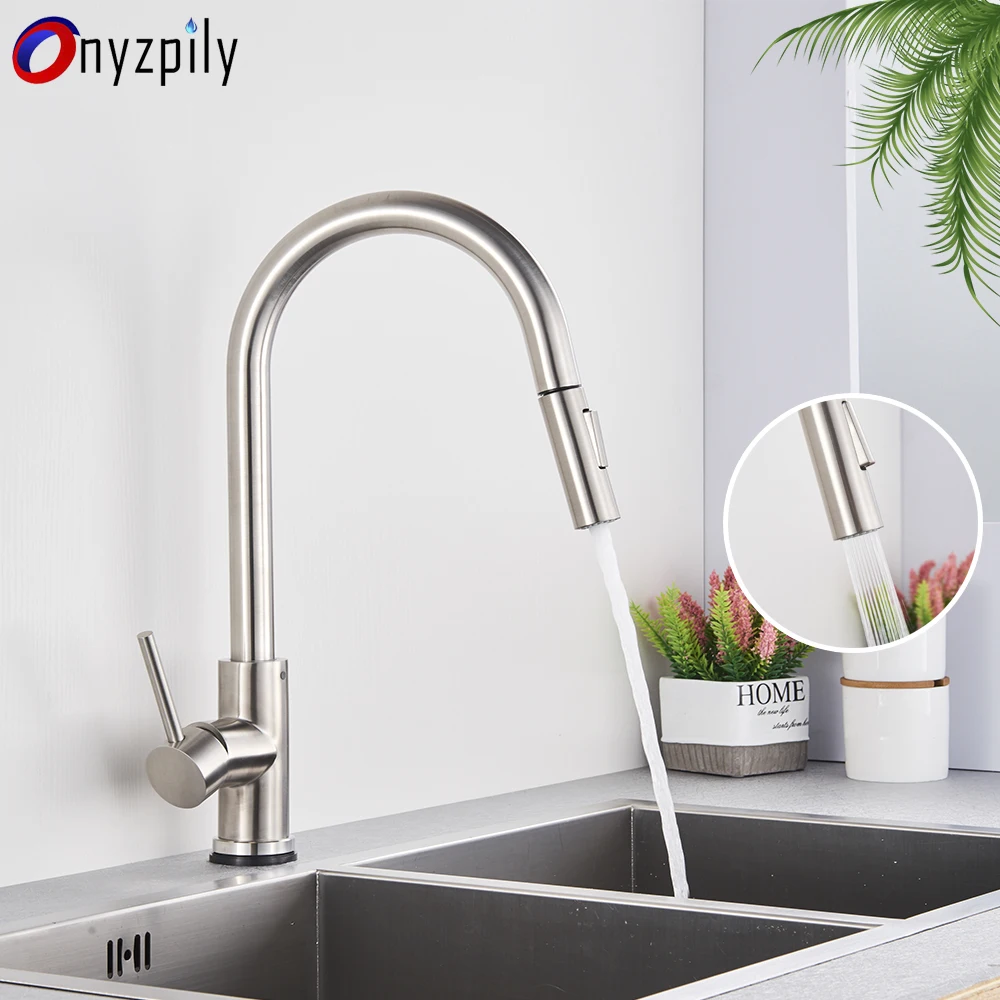 

Onyzpily Brushed Nickel Mixer Faucet Single Hole Pull Out Spout Kitchen Sink Mixer Tap Stream Sprayer Head Chrome/Black Kitchen