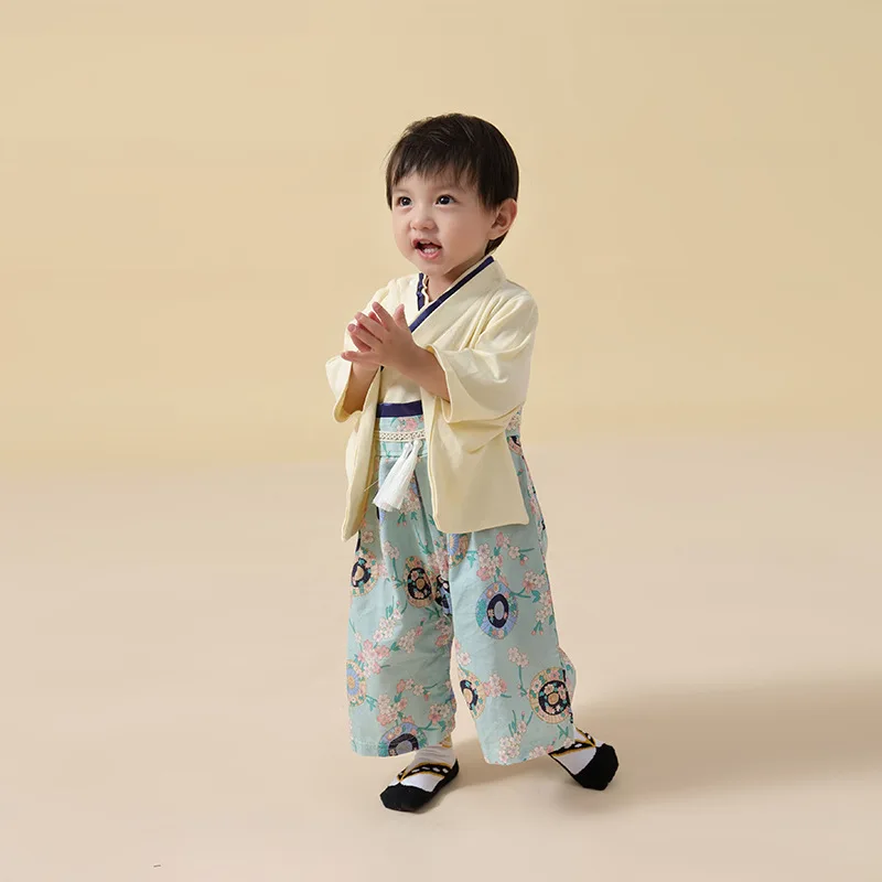 Spring Autumn Kids Japanese Kimono Baby Boys Children Casual Blue Umbrella Print Romper Kids Girl Cute Printed Kimono