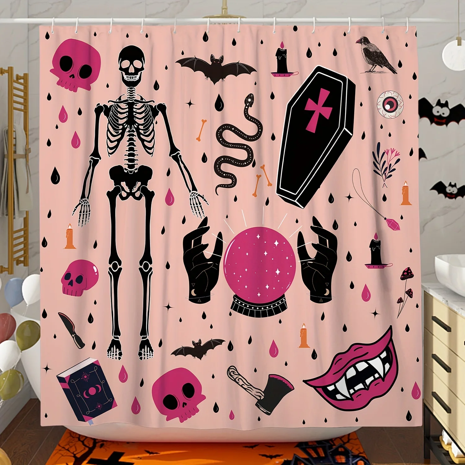 

1pc Gothic Halloween Shower Curtain Polyester with Skeleton, Coffin, Bat Pink Accents Machine Washable