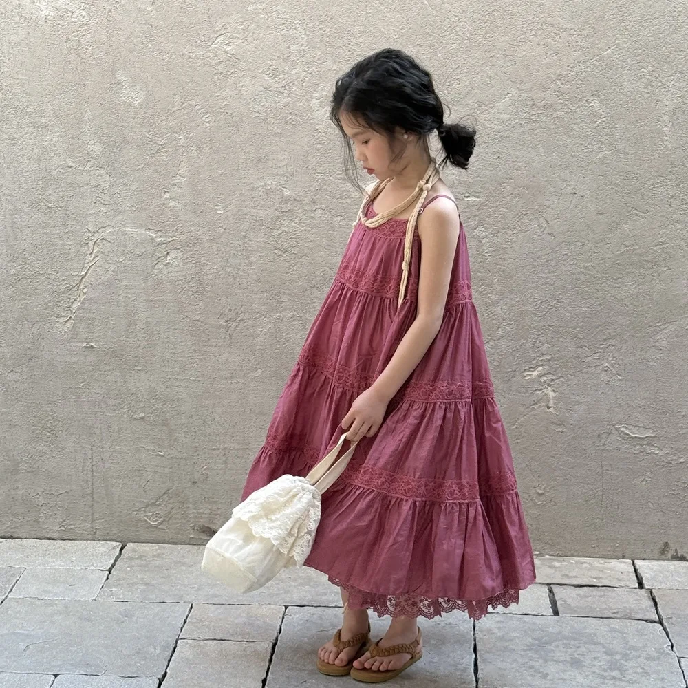 

Korean 2025 Summer Kids Girl Sling Dress Cotton Spliced Flower Hem Infant Baby Girl Dress Little Girl Red Vacation Beach Dresses